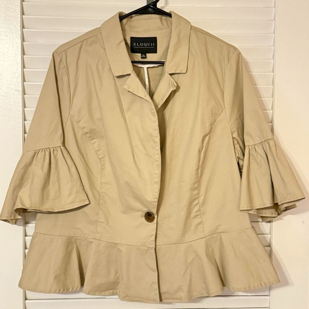 Eloquii Khaki Beige Peplum Cotton Blazer Bell Sleeve Office Twee Plus Size 18